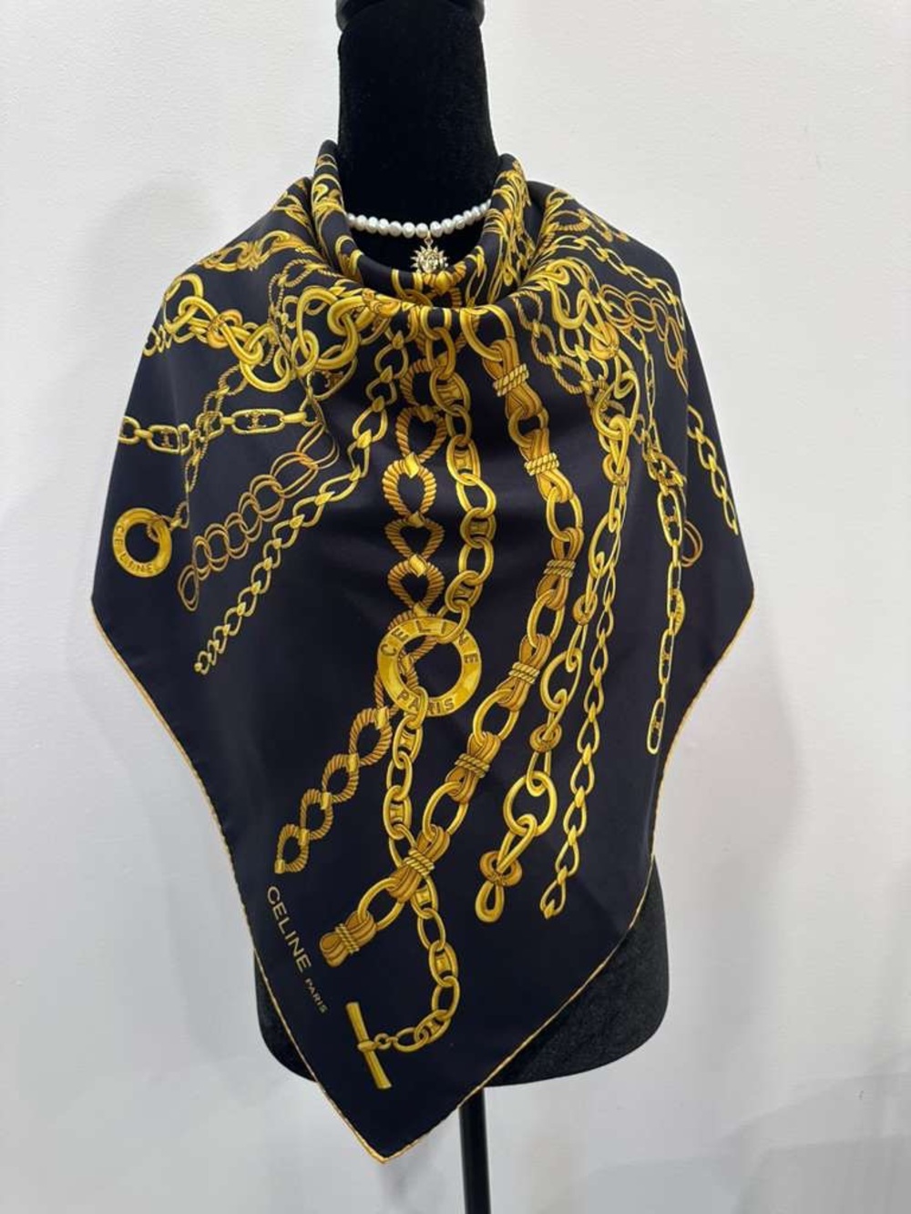 Celine Silk Scarf Black Gold Chain Charm Hand Rolled Made in France